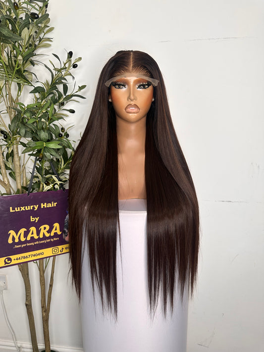 26 inches SDD Vietnamese bone straight wig with 5by5 glueless closure, chocolate brown , 100% human hair. 350 density.