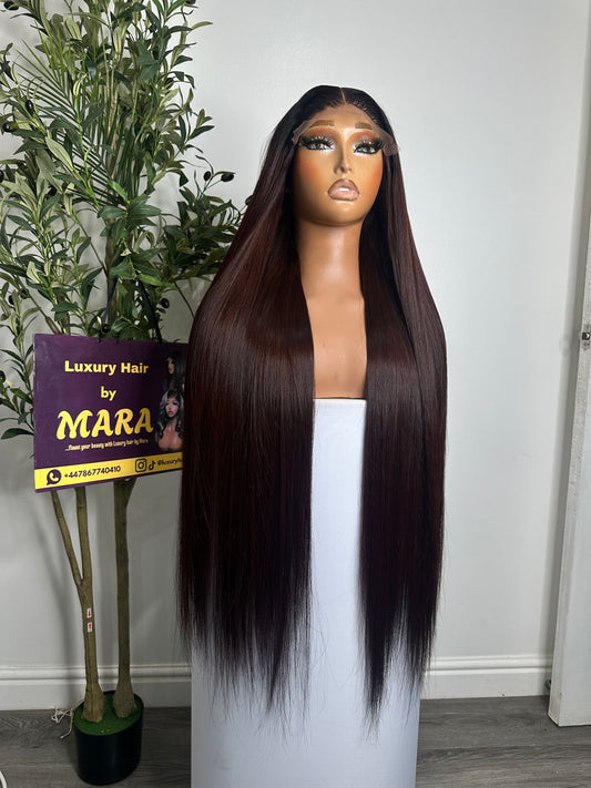 30 inches SDD Vietnamese bone straight wig, 350g density with 5by5 glueless closure. Very dark burgundy.