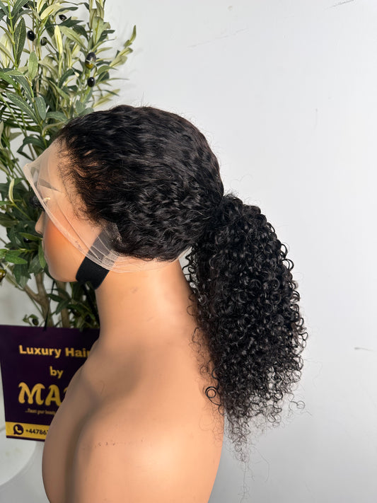 360 lace wig curly unit, 16 inches, natural colour, need glue for installation ( not glue-less)