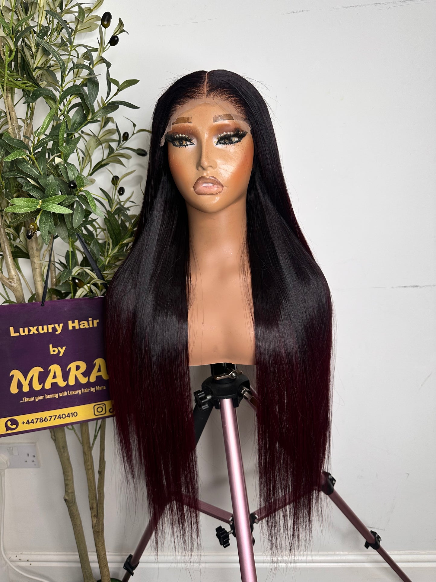 26 inches Super double drawn Vietnamese bone straight wig, 300g with 5by5 glueless closure. Ombre dark Burgundy. 100% human hair. Luxury unit.