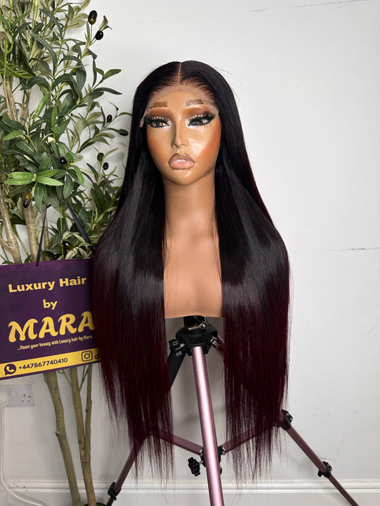 26 inches Super double drawn Vietnamese bone straight wig, 300g with 5by5 glueless closure. Ombre dark Burgundy. 100% human hair. Luxury unit.