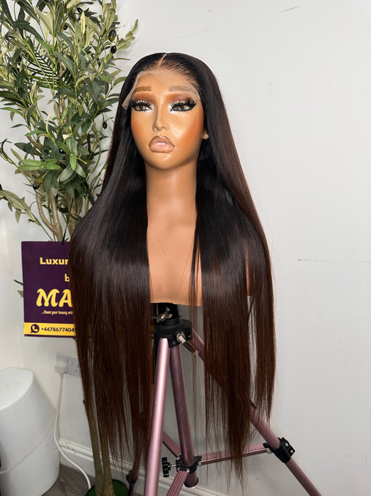 26 inches Super double drawn Vietnamese bone straight wig, 350g with 5by5 glueless closure. Ombre brown. 100% human hair. Luxury unit.