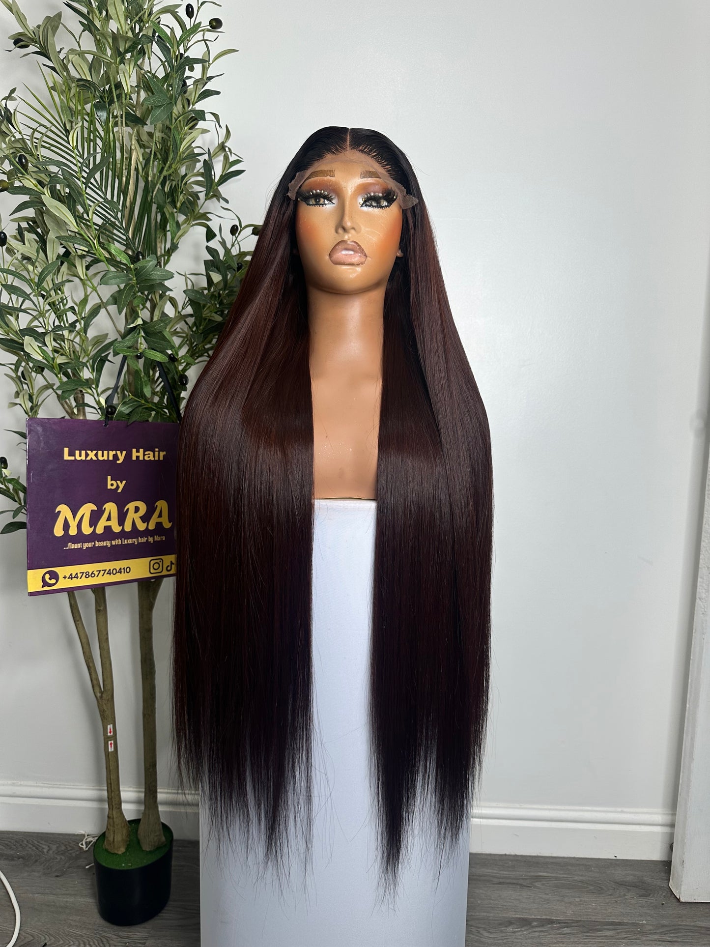 30 inches SDD Vietnamese bone straight wig, 350g density with 5by5 glueless closure. Very dark burgundy.
