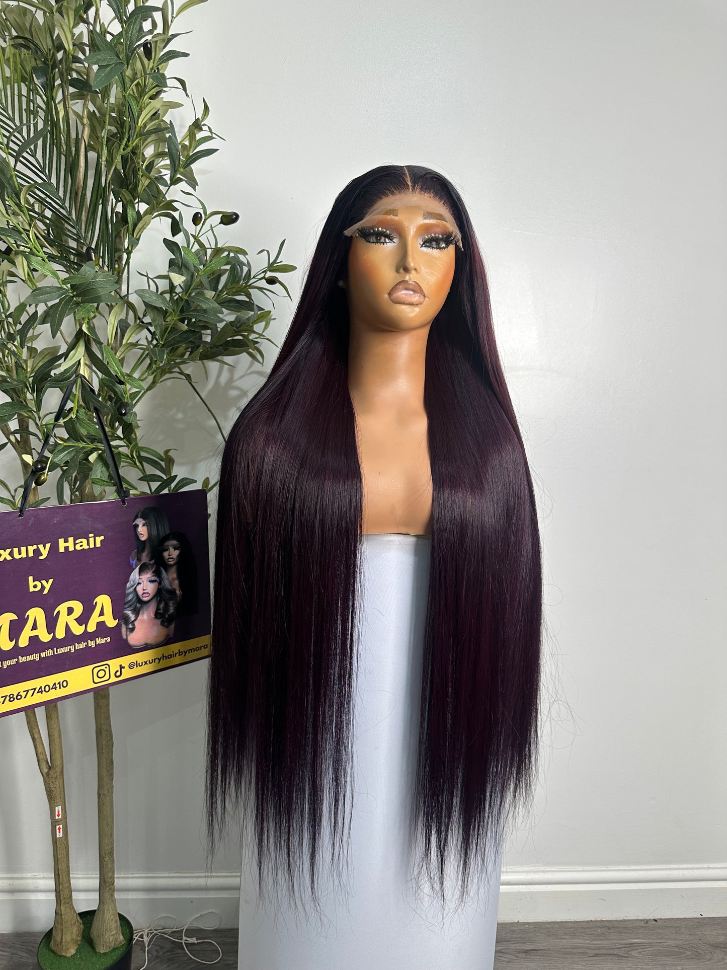30 inches SDD Vietnamese bone straight wig, 350g density with 5by5 glueless closure. Very dark burgundy.