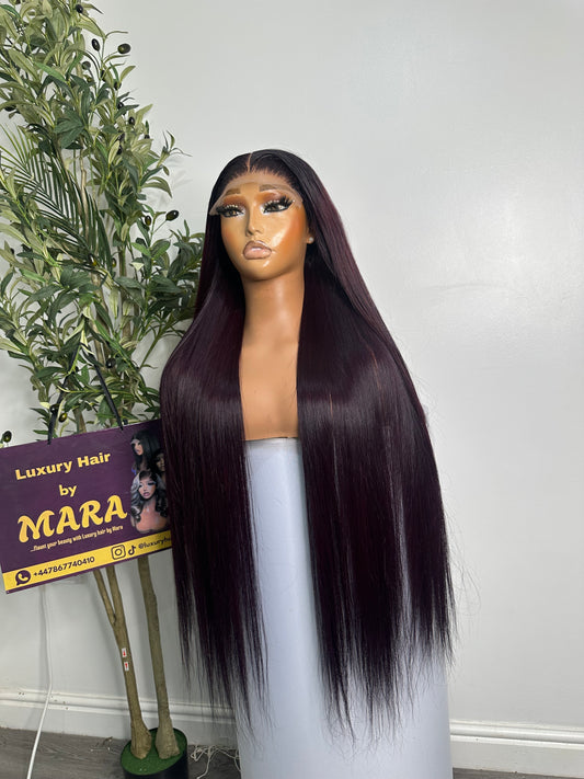 30 inches SDD Vietnamese bone straight wig, 350g density with 5by5 glueless closure. Very dark burgundy.