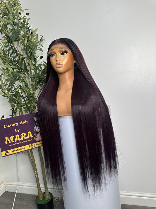 30 inches SDD Vietnamese bone straight wig, 350g density with 5by5 glueless closure. Very dark burgundy.